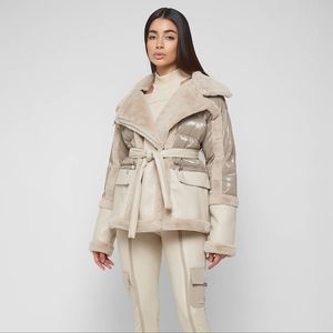Maniere De Voir Neutral Beige Mixed-Media Shearling Puffer Jacket